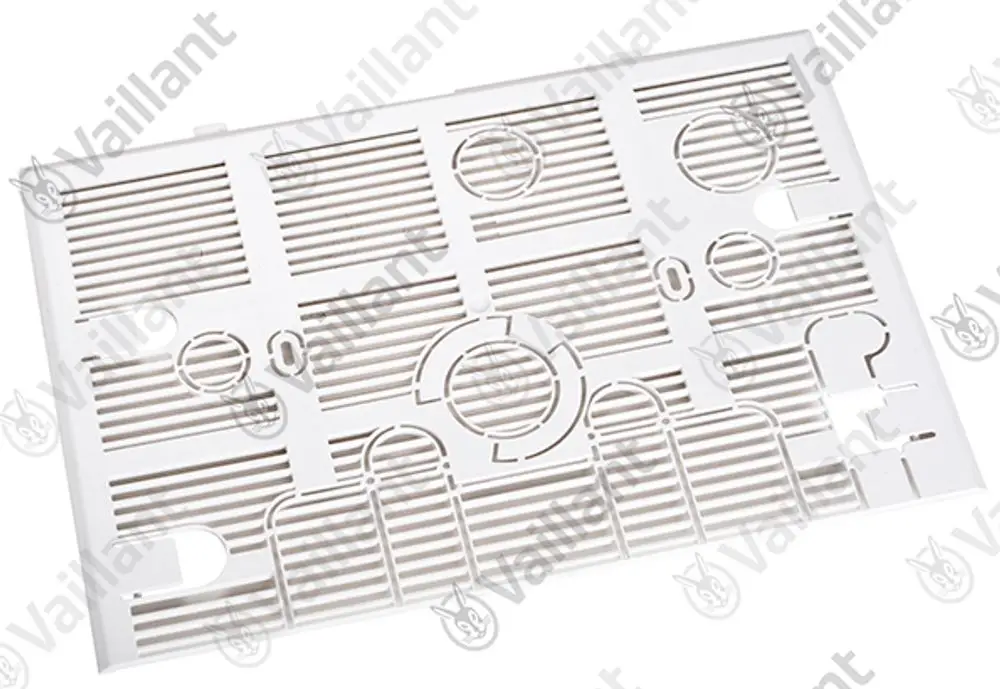 Vaillant Abdeckung mit strukturiertem Design, geeignet für Variorahmen. Das Teil zeigt ein gitterartiges Muster und runde Ausschnitte.
